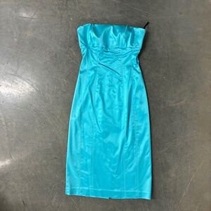 Vintage Aqua Teal Satin Bebe Strapless Cocktail Dress Pinup